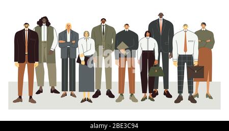 Internationales Business-Team. Büromitarbeiter stehen zusammen, professionelle Mitarbeiter drängen und Corporate People Vektor Illustration. Angestellte Stock Vektor