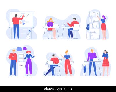 Büroangestellte. Menschen Arbeitsplätze mit Laptop auf dem Tisch, Mitarbeiter arbeiten zusammen und Wasserkühler sprechen flach Vektor-Illustration-Set. Arbeitsprozess Stock Vektor