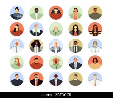 Avatare für Büroangestellte. Runde Business Männer und Frauen Porträts, professionelle Arbeiter Avatar und Mitarbeiter Menschen flache Vektor-Illustration Set. Jung Stock Vektor