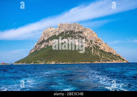 Panoramablick auf die Klippen und Hänge des Hauptkalkmassiv, Monte Cannone Gipfel, der Insel Isola Tavolara auf Tyrrhenischen Meer vor der Küste Sardiniens Stockfoto