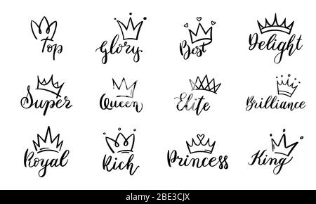 Doodle krönt den Schriftzug. Krone mit Textelementen, Skizze, majestätisches Tiara Logo Vektor Set. Kalligraphie-Pack mit Symbol der königlichen Macht. Handgezeichnet Stock Vektor