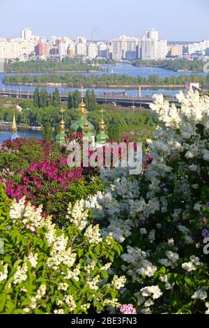 Malerischer Blick auf das Kloster Vydubychi und den Fluss Dnipro mit rosa und weißen Flieder, die im botanischen Garten in Kiew blühen Stockfoto