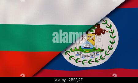 Zwei Staatsflaggen von Bulgarien und Belize. Qualitativ hochwertiger Hintergrund. 3d-Darstellung Stockfoto