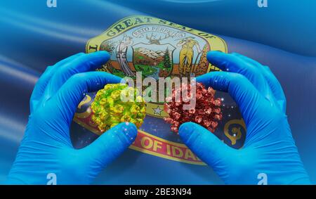 Medizinisches Virus-molekulares Konzept mit Flagge von Idaho - Vereinigte Staaten von Amerika Staaten Flaggen Sammlung. 3D-Darstellung. Stockfoto