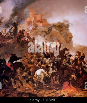 Der Dreißigjährige Krieg wurde zwischen 1618 und 1648 hauptsächlich in Mitteleuropa geführt. Zunächst zwischen verschiedenen protestantischen und katholischen Staaten im fragmentierten Heiligen Römischen Reich, entwickelte es sich allmählich zu einem allgemeineren Konflikt unter Beteiligung der meisten europäischen Großmächte. Diese Staaten beschäftigten Söldnerarmeen, und der Krieg wurde weniger um Religion, sondern um die Frankreich-Habsburger Rivalität um europäische politische Dominanz und einen Habsburger Versuch, die kaiserliche Autorität in Deutschland wieder aufzubauen (Künstler unbekannt) Stockfoto