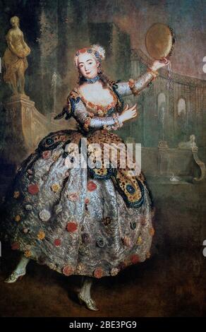 Malerei, c. 1745, von Antoine Pesne (1683–1757) von Barbara Campanini, bekannt als La Barbarina, (1721–1799), einer berühmten italienischen Ballerina, einer der bedeutendsten Balletttänzer des 18. Jahrhunderts. König Friedrich der große bot ihr eine Stelle an der neu errichteten Hofoper in Berlin an, wo sie ab 1744 auftrat. Dort trat sie am 13. Mai 1744 in ihrer ersten Aufführung auf. Bevor sie jedoch ankam, hatte sie ihren Vertrag nach Venedig mit ihrem Geliebten James Stuart-Mackenzie entwickelt, und König Friedrich benutzte politischen Druck, einen venezianischen Gesandten zu verhaften, um sie nach Preußen zu überweisen. Stockfoto