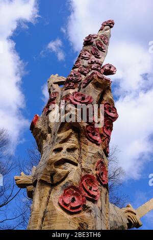 Armistice Tree - Ahornblätter und Mohnblumen, die im Rahmen des Baumarchierungsprogramms auf dem Beechwood Cemetery, Ottawa, Ontario, Kanada, in einen Baumstamm geschnitzt wurden. Stockfoto
