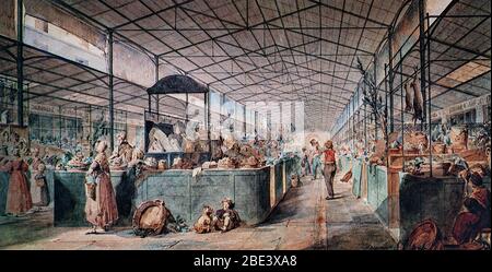 Die berühmte Glas- und Eisenstruktur, die Les Halles beherbergte, Paris's zentraler Frischemarkt seit über einem Jahrhundert, entworfen von Victor Baltard. Diese Illustration von Max Berthelin (1811-1877) Stockfoto