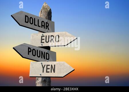 Dollar, Euro, Pfund, Yen-Wegweiser Stockfoto