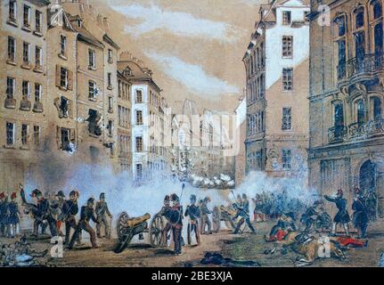 Die Armee greift am 23. Juni 1848 eine Barrikade in der Rue St Antoine an, als sich die Pariser Bevölkerung im Aufstand erhob, der als Juni-Aufstand bekannt wurde – eine blutige, aber erfolglose Rebellion der Pariser Arbeiter gegen eine konservative Wende im Kurs der Republik. Stockfoto