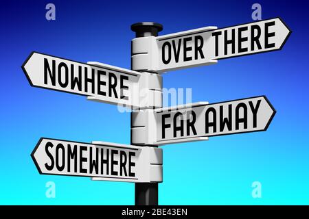 3D Illustration/ 3D Rendering - Wegweiser mit vier Pfeilen - Richtungen Stockfoto