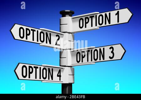 3D-Darstellung/ 3D-Darstellung - Wegweiser mit vier Pfeilen - Optionen Stockfoto