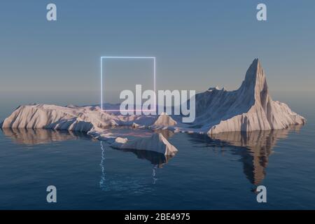 Neon Platz auf der Insel Schnee Berg auf dem Meer, 3d-Rendering. Digitale Computerzeichnung. Stockfoto