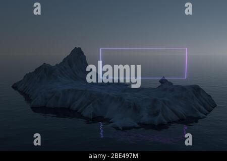 Neon Platz auf der Insel Schnee Berg auf dem Meer, 3d-Rendering. Digitale Computerzeichnung. Stockfoto
