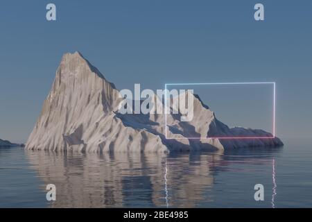 Neon Platz auf der Insel Schnee Berg auf dem Meer, 3d-Rendering. Digitale Computerzeichnung. Stockfoto