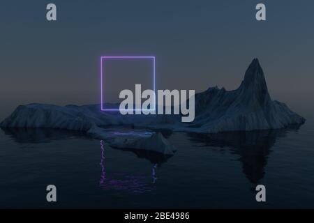 Neon Platz auf der Insel Schnee Berg auf dem Meer, 3d-Rendering. Digitale Computerzeichnung. Stockfoto
