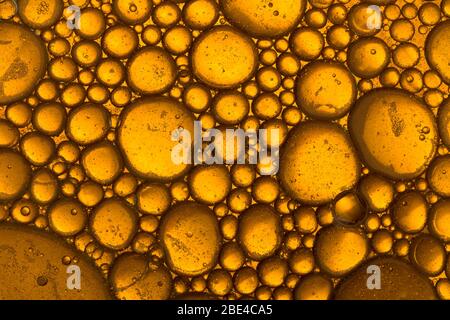 Goldene gelbe Blase , Wasser und Öl Droplet, Abstrakten Hintergrund. Makroaufnahme. Stockfoto