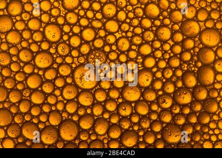 Golden Yellow Bubble Oil Droplet, Abstrakten Hintergrund. Makro-Aufnahme Stockfoto