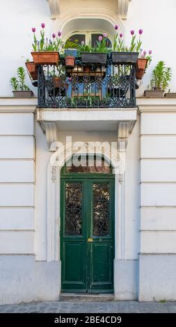 Paris, eine alte Holztür mit Tulpen auf dem Balkon, typisches Gebäude in Montmartre Stockfoto