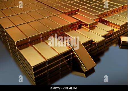 3D-Illustration mit vielen Goldbarren in einem Gewölbe gestapelt. 3D-Rendering von Schmuck und wertvollen Produkten Stockfoto