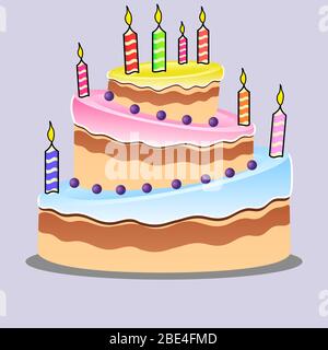 Cartoon Geburtstagstorte mit Kerzen und einige dekorative Dekorationen, kann für den Druck usw. verwendet werden Stockfoto