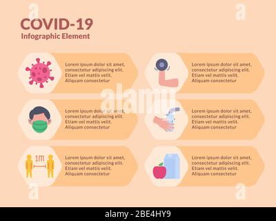 Coronavirus covid-19 Infografik Element mit verschiedenen Symbol mit modernen flachen orange Stil Vektor Stockfoto