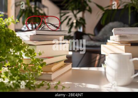 Im Inneren eines grünen Hauses mit vielen Pflanzen. Ein Stapel verschiedener Bücher auf einem mit Tisch mit roten Gläsern und einer Tasse Kaffee bei Sonnenuntergang Stockfoto