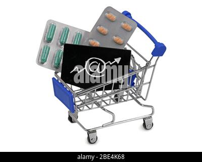 Warenkorb, Trolley voller verschiedener pharmazeutischer Pillen auf weißem Hintergrund, Konzept des wachsenden Online-Shopping Stockfoto