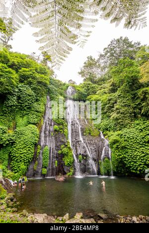 Vertikale Ansicht der Touristen, die die Banyumala Wasserfälle in Bali, Indonesien genießen. Stockfoto