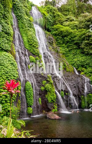 Vertikale Ansicht der Touristen, die die Banyumala Wasserfälle in Bali, Indonesien genießen. Stockfoto