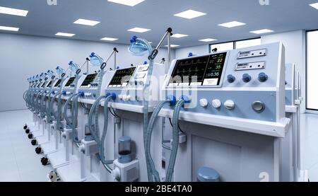 3d-Rendering-Gruppe von Beatmungsgeräten im Krankenhaus Stockfoto