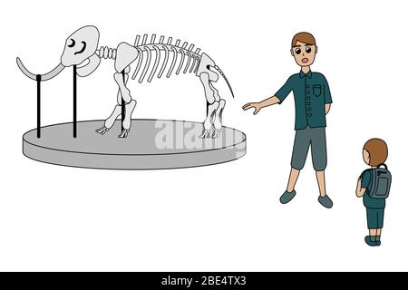 Der Führer während einer Führung durch das Museum zeigt das Skelett eines Mammuts. Vater mit Sohn. Isolierte Vektorgrafik Stock Vektor