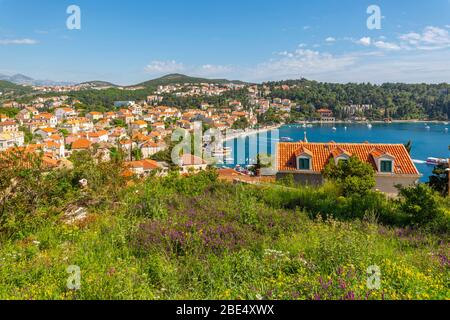 Erhöhte Sicht auf Stadt und Hafen, Cavtat an der Adria, Cavtat, Dubronick Riviera, Kroatien, Europa Stockfoto