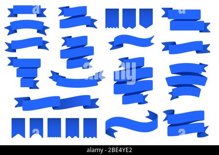 Banner und Fahnen mit blauem Band. Flaggenform Banner, Dekorband und gebogene Abzeichen flache Vektor-Set. Sammlung von Wimpern, Etiketten und Streamer. Banderole Stock Vektor