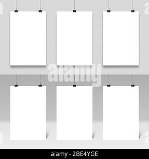 Poster Mockup hängt auf Büroklammern. Realistische Poster Rahmen Vorlage Vektor-Set. Weiße Papiertafeln mit Ordnern. Bürobedarf, Büro Stock Vektor