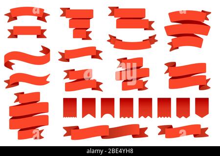 Banner und Fahnen mit rotem Band. Retro-Bend-Band, Vintage Banner Flagge und gebogene Banner isoliert flachen Vektor-Set. Sammlung von Wimpern, Etiketten und Stock Vektor