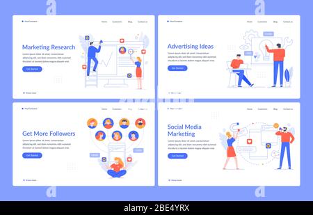 Website-Branding. Vorlage für digitales Marketing, Navigationstechnologie und Social Media-Vektor-Landing-Page. Layout der Benutzeroberfläche der Website mit Empfehlungen Stock Vektor