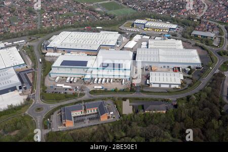 Luftaufnahme des Stonecross Business Park, Golborne, Warrington Stockfoto