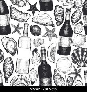 Austern und Wein nahtloses Muster. Handgezeichnete Vektorgrafiken. Meeresfrüchte Hintergrund. Kann für Designmenü, Verpackung, Rezepte, Fischmarkt, s verwendet werden Stock Vektor