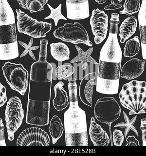 Austern und Wein nahtloses Muster. Handgezeichnete Vektorgrafik auf Kreideplatte. Meeresfrüchte Hintergrund. Kann für Designmenü, Verpackung, Rezepte, Stock Vektor