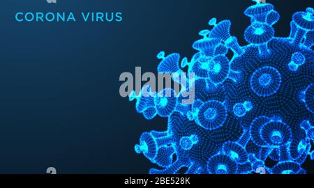 Coronavirus COVID-2019 auf blauem futuristischem Hintergrund. Tödliche Art von Virus 2019-nCoV. 3D-Modelle von Coronavirus-Bakterien. Vektorgrafik. Abstra Stock Vektor