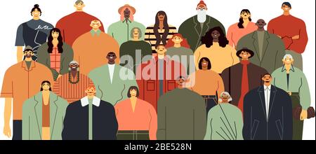 Personengruppe. Community-Porträt, Team zusammen stehen und verschiedene Menschen drängen flache Vektor-Illustration. Ethnische Vielfalt. Multikulturelle Karikatur Stock Vektor
