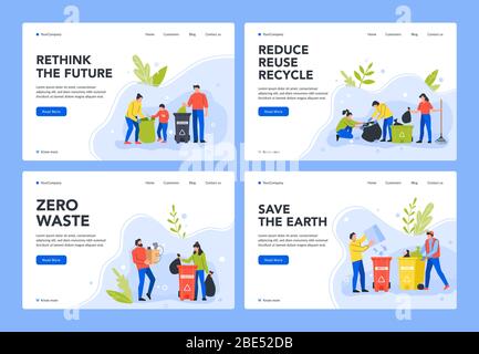 Mülltrennung und Recycling. Umweltschutz, Menschen sortieren Müll in Behältern für Recycling, um Verschmutzung und Erhaltung der Umwelt zu stoppen Stock Vektor
