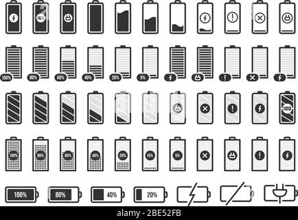 Symbole für den Akkuladezustand. Akkumulator Energie voll und leer Status, Smartphone Ladezustand UI-Elemente Vektor isoliert Symbole gesetzt. Glyphe zum Aufladen des Geräts Stock Vektor