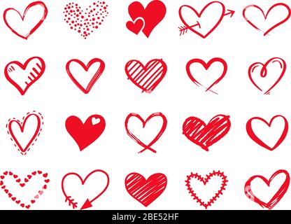 Handgezeichnete Herzen mit Kritzeleien. Bemalte herzförmige Elemente für Valentinstag Grußkarte. Doodle rote Liebe Herzen isoliert Vektor-Symbole gesetzt Stock Vektor