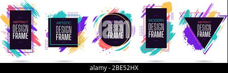 Rahmen mit Textelementen färben. Grunge Pinsel Strich Rahmen, dynamische Box für Text, moderne geometrische Rahmen Design Vektor isoliert gesetzt. Sammlung Stock Vektor