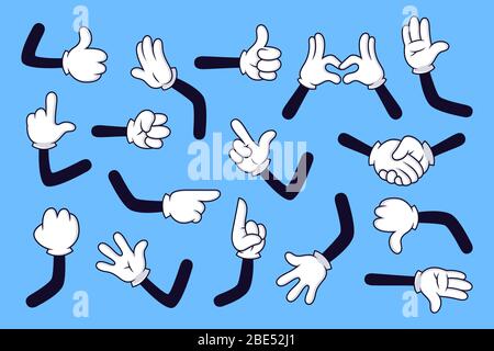 Zeichentrickwaffen. Handschuh mit verschiedenen Gesten, verschiedene Comic-Hände in weißen Handschuhen Vektor-Illustration Set. Sammlung von Bewegungen und Zeichen auf Stock Vektor