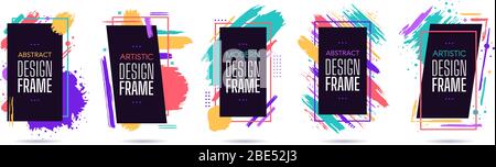 Rahmen mit Spritzlackierung. Grafik gemalt, moderne Kunst, dynamische Rahmen, geometrische bunte künstlerische Elemente, Rahmen Design Vektor isoliert gesetzt Stock Vektor