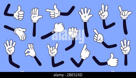 Cartoon Handschuhgarme. Comic Hände in Handschuhen, Retro Doodle Arme mit verschiedenen Gesten Vektor isoliert Illustration Symbole gesetzt. Lustige Hand gezeichnete Finger Stock Vektor