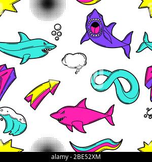Nahtloses Muster mit Zeichentrickhaien. Urbaner bunter Teenager-Kreativhintergrund. Stock Vektor